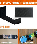 Rock Hard Premium Aluminum Snowboard Wall Mount Rack With Grippy Eva Padded Skis Display Hanger showing soft EVA pad and mounts on concrete and wooden walls.