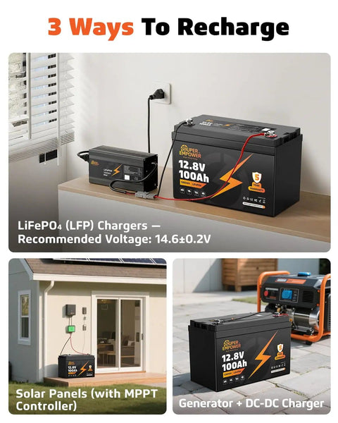 Image showing Heavy-Duty 12V 100Ah LiFePO4 Deep Cycle Battery with Low Temp Protection and 1280Wh connected to charger, solar panel, and generator.