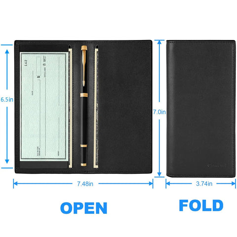 Open and folded view of Premium Leather Checkbook Cover For Men And Women With RFID Blocking Slim Checkbook Wallet, 7.48 x 3.74 inches.