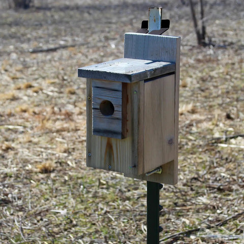 Wooden birdhouse mounted on 8 Pack Black T Post Bracket 3 Inch Durable Steel Heavy Duty Construction for fences and gardens.