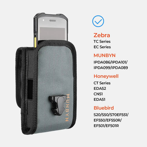 Built Tough Barcode Scanner Holster For Zebra Tc75x Tc52 Tc57 Tc72 with solid metal clip, gray nylon pouch, fits handheld devices.