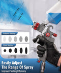 Heavy Duty HVLP Gravity Feed Paint Sprayer Gun With Adjustable Air Regulator showing pattern and fluid settings for precise control.