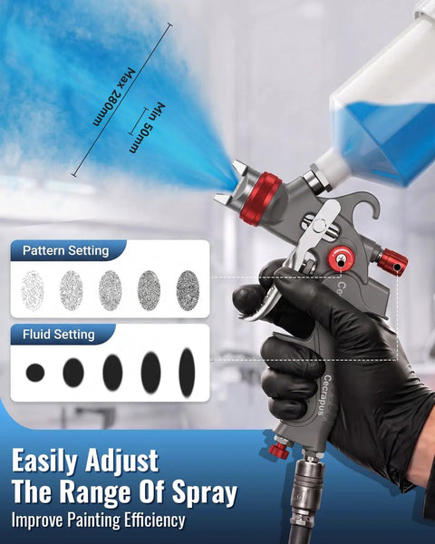 Heavy Duty HVLP Gravity Feed Paint Sprayer Gun With Adjustable Air Regulator showing pattern and fluid settings for precise control.