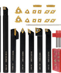 Pro Grade Lathe Turning Tool Kit With Half Inch Shank, 7 Metal Lathe Holders And 14 Indexable Carbide Inserts shown in detail.