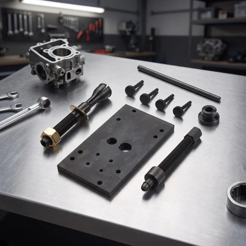 Pro Heavy Duty Motorcycle Engine Camshaft Bearing Removal And Install Tool Kit Heavy Steel Construction Helping Garage Guys Crush Hardest Job Sites With Complete Service Kit Plate And Rod Adapter Parts For Quick Fixes Anytime. black steel camshaft bearing removal kit with plate, rods, and adapters on workbench
