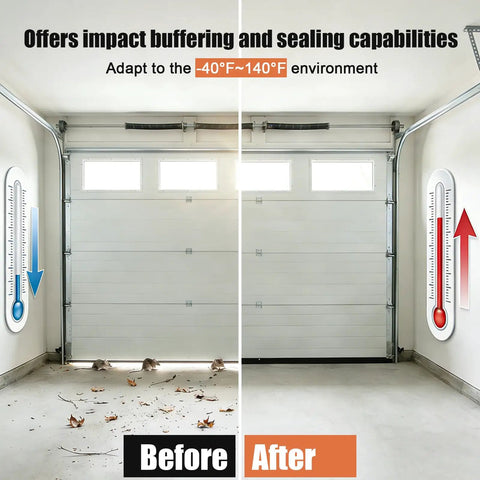 Garage door with Heavy Duty Garage Door Bottom Seal Kit With 16.5Ft EPDM Rubber, Pre Drilled Aluminum Track Retainer, showing before and after installation with temperature gauges.