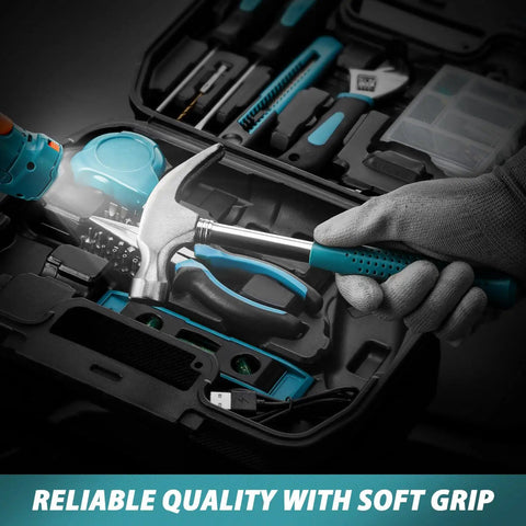 Hand holding hammer from 124 Pcs 4V Cordless Screwdriver Tool Kit Set With 6 Plus 1 Torque Settings Adjustable 3 Position 4Nm Electric Screwdriver Flexible Shaft Storage Toolbox For Home Projects