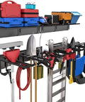 Beefy Heavy Duty Garage Storage System with wall mount overhead shelving 48 inch by 7 inch steel shelves and 6 pack 12 inch double hooks
