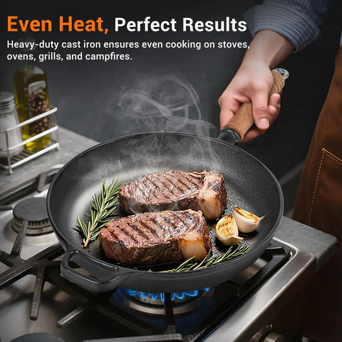 12 Inch Cast Iron Skillet With Removable Wooden Handle Pre Seasoned Fry Pan on stove with steak and garlic cooking