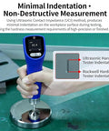 Portable Ultrasonic Hardness Tester On The Go Handy With Dual Test Heads Built In Storage Digital HV HRC HRB HB Scales For Metal Materials And Ultra Thin Workpieces Easy To Use With Low Impact Indentation And Quick Readouts, handheld UCI tester on metal plate