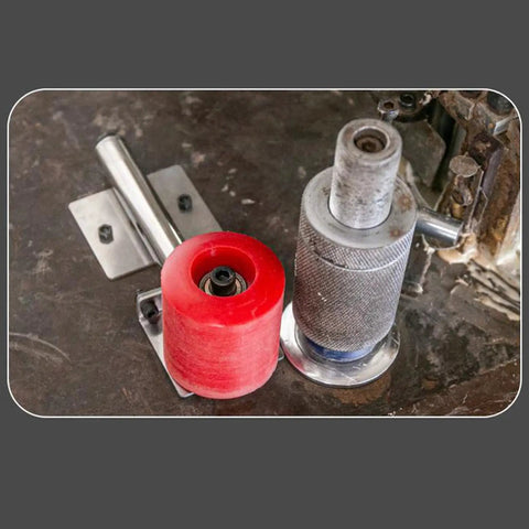 Heavy Duty Manual Edge Banding Machine Roller Replacement Wheel Made Of Stainless Steel For DIY Woodworking Projects Precision Polyurethane Tooling Part 11cm Size with red and silver wheels.