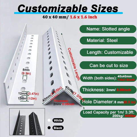 Hella Sturdy DIY Modular Shelving Track, Rust Proof Slotted Steel Angle Strips With Precision Punched Holes, Heavy Duty Rock Solid Framing Rails To Level Up Your Garage Setup 164 Ft Roll, customizable sizes in white and black.