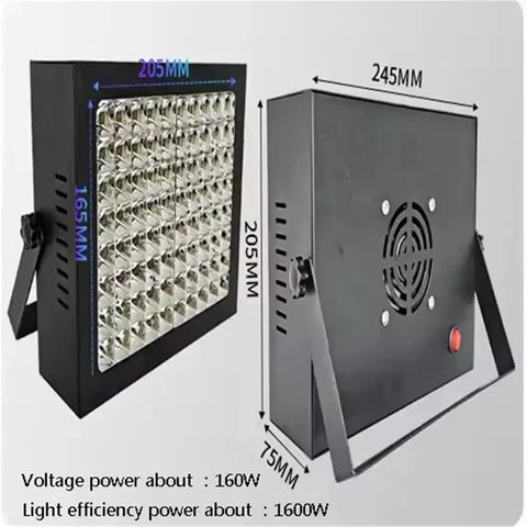 Knockout 1600W UV Cure Lamp Dual 365nm And 395nm LED Spotlight side view with dimensions, designed for resin curing.