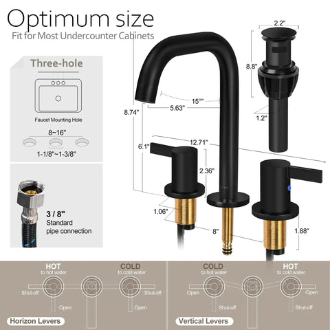 Diagram of Matte Black Widespread Bathroom Faucet With Two Handles, Three Piece Vanity Lavatory Set, Quick Install Kit details