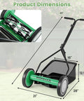 14 Inch Manual Push Reel Lawn Mower With 5 Steel Blades, 7 Gallon Removable Grass Bag; dimensions illustration