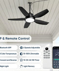 42 Inch Outdoor Ceiling Fan With Lights, IP65 Weatherproof, app and remote control features displayed, installed on porch ceiling.