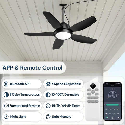 42 Inch Outdoor Ceiling Fan With Lights, IP65 Weatherproof, app and remote control features displayed, installed on porch ceiling.