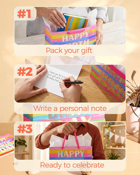 Steps for using Go To Birthday Gift Bag With Tissue Paper And Card Premium Paper Tote for parties, birthdays, and gifting.