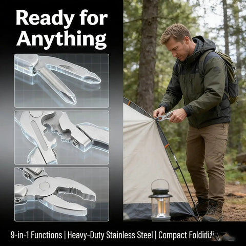 9 In 1 Keychain Multitool Pliers With Wire Cutter And Bottle Opener, Heavy Duty Stainless Steel EDC Tool for camping next to tent