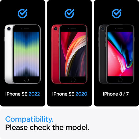 Image showing compatibility for iPhone SE 3 2022, iPhone SE 2 2020, and iPhone 8/7 with GlasTR AlignMaster Tempered Glass Screen Protector.