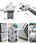 DFEDHF Pneumatic Steel Strapping Machine For 1.25 Inch Metal Belt, showing tool dimensions and metal materials for industrial use.