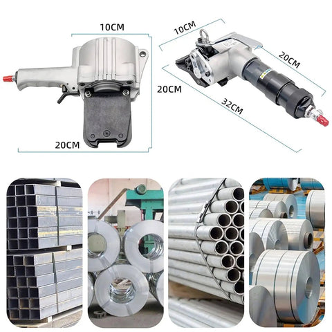 DFEDHF Pneumatic Steel Strapping Machine For 1.25 Inch Metal Belt, showing tool dimensions and metal materials for industrial use.