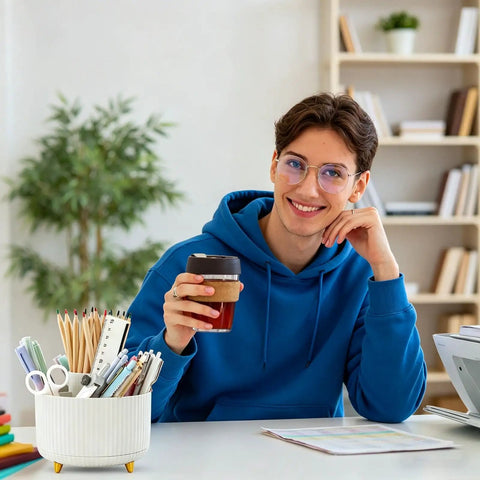 Smiling person next to 360 Degree Rotating Pen Holder With Five Slots, Your Go To Desk Organizer For Pens Pencils Markers Makeup And Small Supplies