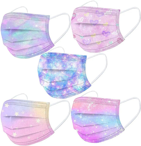 Colorful Kids Disposable Face Masks 50 Pack Breathable Three Layer Dust Filter Mouth Covers With Elastic Ear Loops Displayed