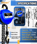 1 Ton Hand Chain Hoist With 20 Ft Chain In G80 Manganese Steel, dual hooks, heavy-duty lifting specifications and diagram.