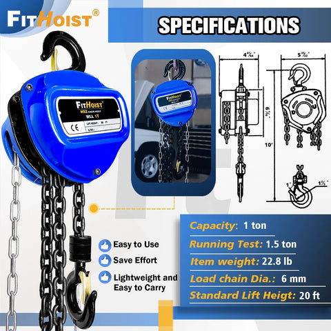 1 Ton Hand Chain Hoist With 20 Ft Chain In G80 Manganese Steel, dual hooks, heavy-duty lifting specifications and diagram.