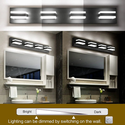 Matte Black 4 Light Bathroom Vanity Light Fixture With LED Dimmable Bulbs over mirror, demonstrating brightness settings