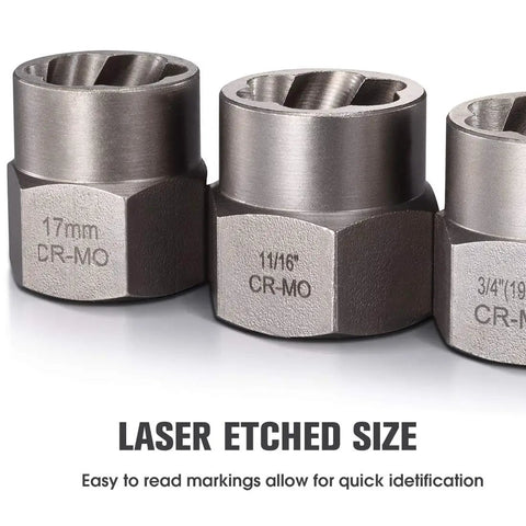 Close-up of impact bolt and nut remover set showing laser-etched sizes for easy identification, chrome molybdenum steel.