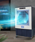 Portable Evaporative Swamp Cooler With Three Speed Fan And High Velocity Outdoor Cooling Pad To Crush Kickin Summer Heat and provide smooth ninety degree oscillation airflow right where you are in a modern indoor setting.