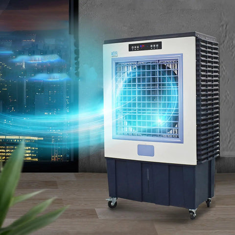 Portable Evaporative Swamp Cooler With Three Speed Fan And High Velocity Outdoor Cooling Pad To Crush Kickin Summer Heat and provide smooth ninety degree oscillation airflow right where you are in a modern indoor setting.