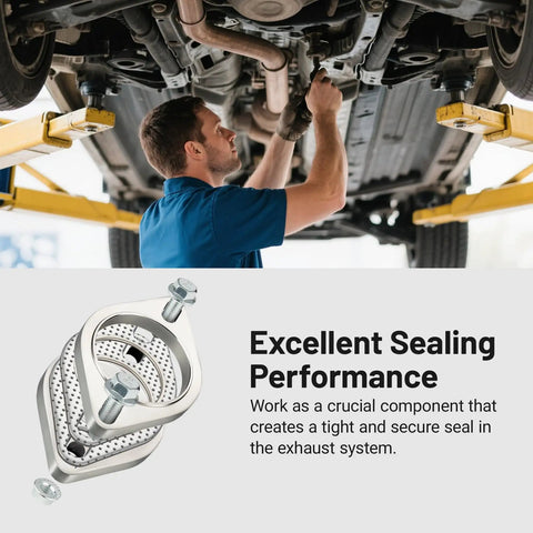 Battle Ready 2.5 Inch 2 Bolt Exhaust Flange Connection Kit Crafted From 304 Stainless Steel being installed for exhaust sealing.