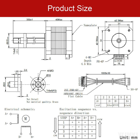 YEJMKJ Nema 17 stepper motor with 350mm T8 lead screw; technical blueprint showing dimensions and wiring