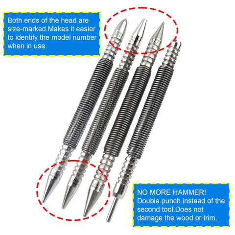 Heavy Duty Spring Nail Set With Heat Treated Steel And Accurate Size Marked Punches That Make Setting Fasteners A Breeze And Removing Hinge Pins A Total Cinch with size-marked heads.