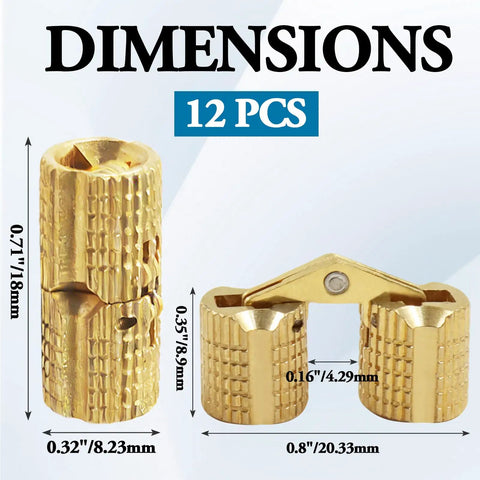 Badass Slick Brass Barrel Hinges 12 Pack 8mm Concealed 180 Degree Cabinet Hinges For Jewelry Boxes Woodworking DIY Crafts dimensions shown