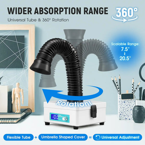 Desktop Solder Fume Extractor With Adjustable Speed And LED Display showing flexible hose and rotation feature.