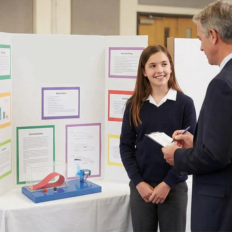 Portable Wind Tunnel Lab Kit For Wing Lift Experiments on display at science fair with student and teacher interaction.