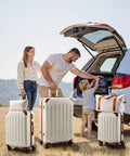 YOETEY 5-piece hardside luggage set with wheels; TSA-approved, white and brown, includes 3 suitcases, tote and duffel.