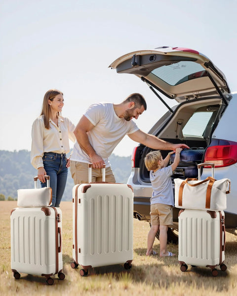 YOETEY 5-piece hardside luggage set with wheels; TSA-approved, white and brown, includes 3 suitcases, tote and duffel.