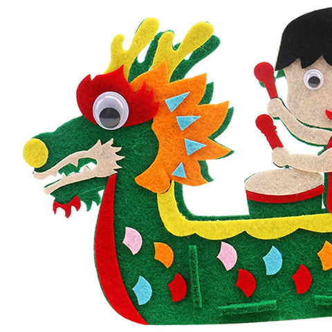 Close-up of DIY Non Woven Dragon Boat Craft Kit For Girls Drummer Toy Making Project Easy To Assemble Kids Craft's dragon head detail.
