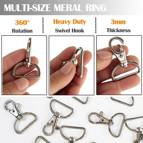 Heavy Duty One Inch Swivel Snap Hooks For Keys And Gear Sixty Pack, steel clips showing rotation and thickness.