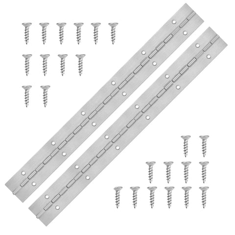 Top Shelf Stainless Steel Piano Hinges Measure Twelve Inches With Pre Drilled Holes And Screws Included For Boat Doors And Garage Builds Smooth Install with screws.