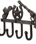 Straight Up Rustic Western Cast Iron Cowboy Coat Wall Mount Hook Featuring Authentic Horse Shoe Shape, 4 hooks for hats and bags.