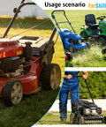 Usage scenarios of various lawn mowers showcasing Beefy Drive Belt For Lawn Mower Three Eighths Inch Wide Thirty Seven Inches Long Fits HRR216K9 VKAA HRR216K8 VYAA 21 Inch Walk Behind Replacement Part Durable Easy Install Premium Quality in operation on grass lawns.