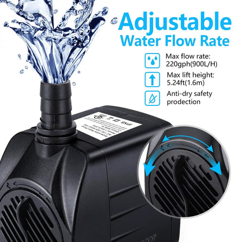 Submersible Fountain Pump 220GPH Quiet Water Circulator With Three Nozzles Six And A Half Feet Tubing One Third Inch ID 15W showcasing water flow