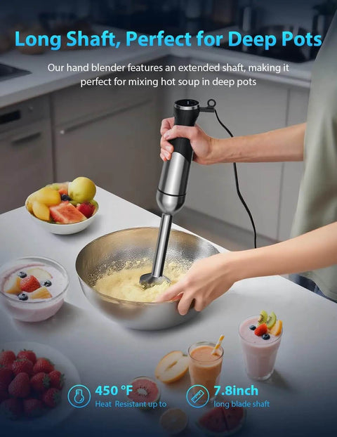1000W Corded Handheld Immersion Blender With Twenty Five Speed Settings And Stainless Steel Blades mixing in a deep pot.