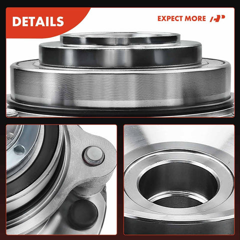 Close-up views of front wheel bearing and hub assembly, 5-lug, for Toyota Sequoia 2008-2022 and Tundra 2007-2021 RWD only.